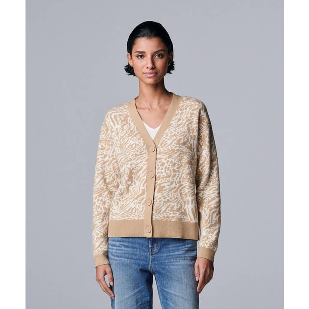 New Simply Vera Verawang Womans XL Sweater Cardigan Animal Brown‎ NWT